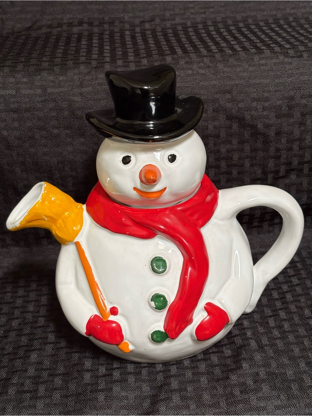 Pfaltzgraff Ceramic Snowman Teapot with Red Scarf and Black Top Hat